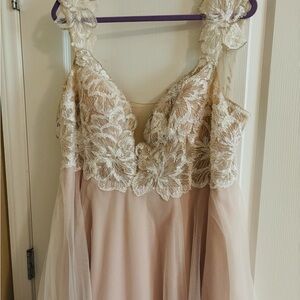 David's Bridal Lace and Tulle Dress in Cream and Tan